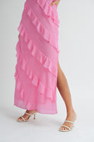 MABLE Asymetrical Tiered Ruffled Maxi Dress in Pink