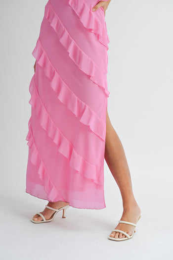 MABLE Asymetrical Tiered Ruffled Maxi Dress in Pink