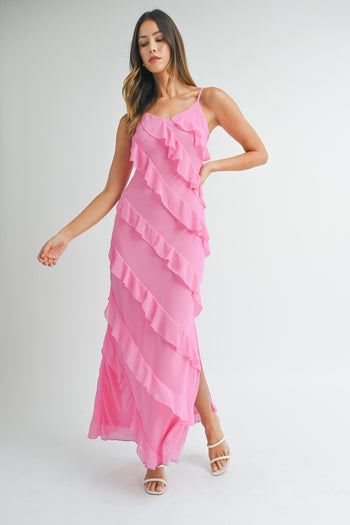 MABLE Asymetrical Tiered Ruffled Maxi Dress in Pink S at June Adel