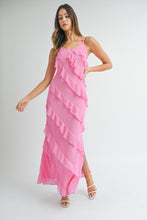 Load image into Gallery viewer, MABLE Asymetrical Tiered Ruffled Maxi Dress in Pink
