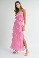 MABLE Asymetrical Tiered Ruffled Maxi Dress in Pink