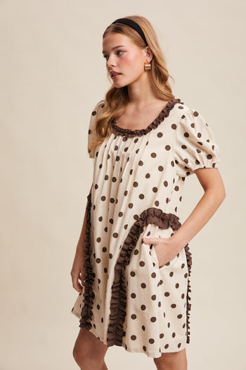 Listicle Polka Dot Ruffle Mini Dress in Brown