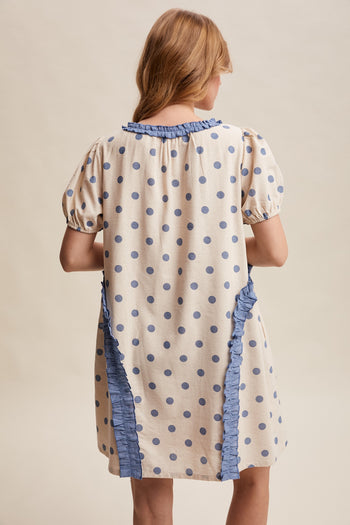 Listicle Polka Dot Ruffle Mini Dress in Dusty Blue