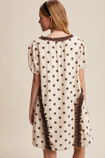 Listicle Polka Dot Ruffle Mini Dress in Brown