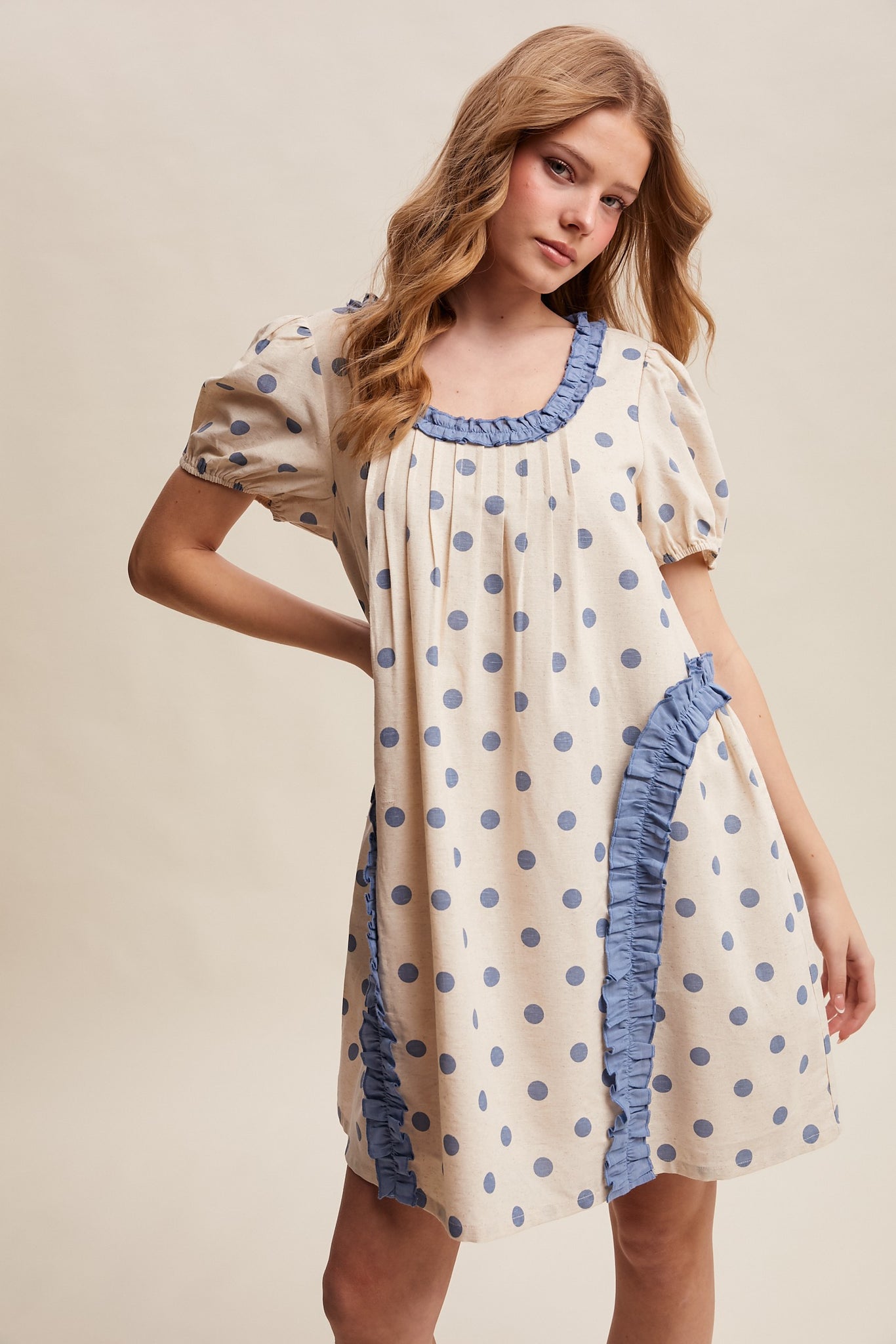 Listicle Polka Dot Ruffle Mini Dress in Dusty Blue M at June Adel