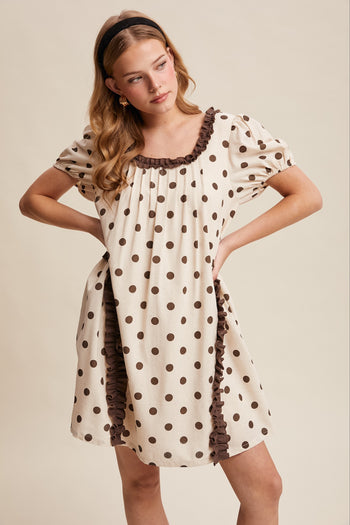 Listicle Polka Dot Ruffle Mini Dress in Brown