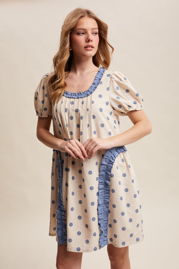 Listicle Polka Dot Ruffle Mini Dress in Dusty Blue