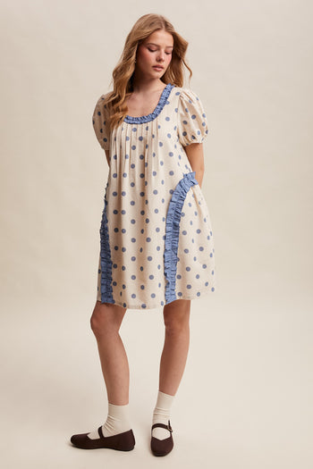 Listicle Polka Dot Ruffle Mini Dress in Dusty Blue