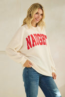Tres Bien Solid Color Cloudy Knit Top with NAUGHTY Graphic Print Front in Cream