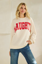 Load image into Gallery viewer, Tres Bien Solid Color Cloudy Knit Top with NAUGHTY Graphic Print Front in Cream
