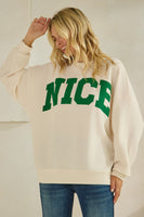 Tres Bien Solid Color Cloudy Knit Top with NICE Graphic Print Front in Cream