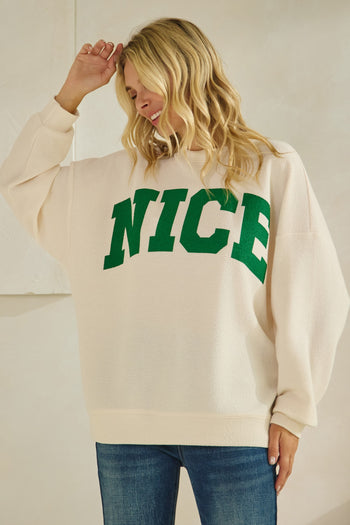 Tres Bien Solid Color Cloudy Knit Top with NICE Graphic Print Front in Cream