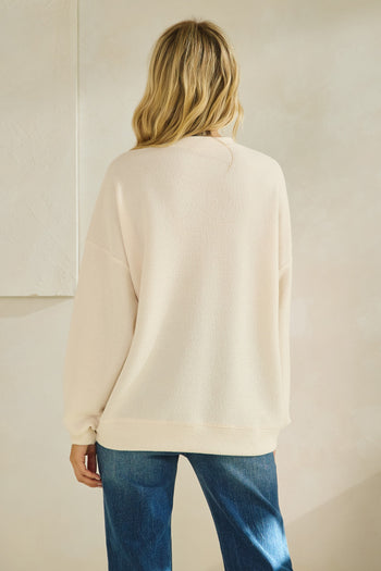 Tres Bien Solid Color Cloudy Knit Top with NICE Graphic Print Front in Cream