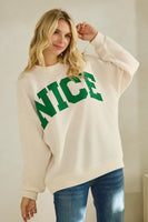 Tres Bien Solid Color Cloudy Knit Top with NICE Graphic Print Front in Cream