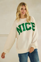 Tres Bien Solid Color Cloudy Knit Top with NICE Graphic Print Front in Cream