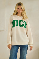 Tres Bien Solid Color Cloudy Knit Top with NICE Graphic Print Front in Cream