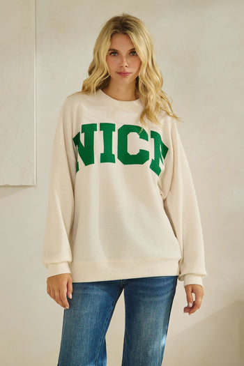 Tres Bien Solid Color Cloudy Knit Top with NICE Graphic Print Front in Cream