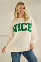 Tres Bien Solid Color Cloudy Knit Top with NICE Graphic Print Front in Cream