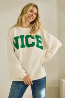 Tres Bien Solid Color Cloudy Knit Top with NICE Graphic Print Front in Cream