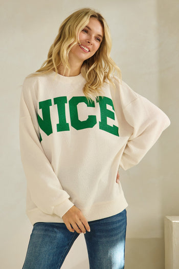 Tres Bien Solid Color Cloudy Knit Top with NICE Graphic Print Front in Cream