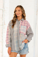 Sew in Love Button Down Plaid and Stripes Top in Blue/Pink