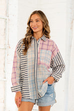Load image into Gallery viewer, Sew in Love Button Down Plaid and Stripes Top in Blue/Pink

