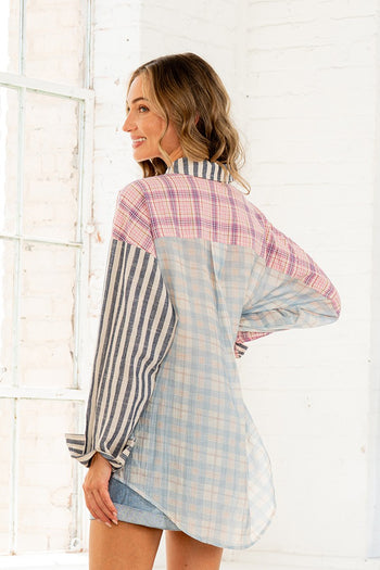 Sew in Love Button Down Plaid and Stripes Top in Blue/Pink