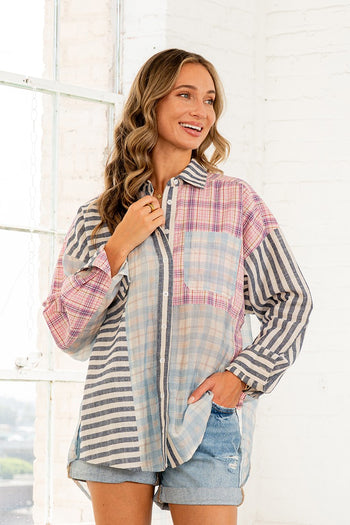 Sew in Love Button Down Plaid and Stripes Top in Blue/Pink