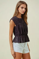 Doe & Rae Semi Sheer Shirred Peplum Top in Dark Chocolate