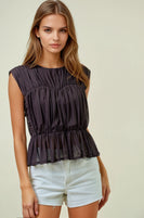 Doe & Rae Semi Sheer Shirred Peplum Top in Dark Chocolate