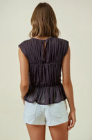 Doe & Rae Semi Sheer Shirred Peplum Top in Dark Chocolate