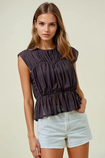 Doe & Rae Semi Sheer Shirred Peplum Top in Dark Chocolate