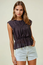 Load image into Gallery viewer, Doe &amp; Rae Semi Sheer Shirred Peplum Top in Dark Chocolate
