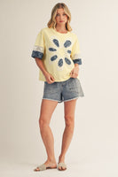 Jodifl Flower Patch Detail Mixed Fabric Top in Yellow