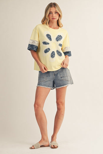 Jodifl Flower Patch Detail Mixed Fabric Top in Yellow