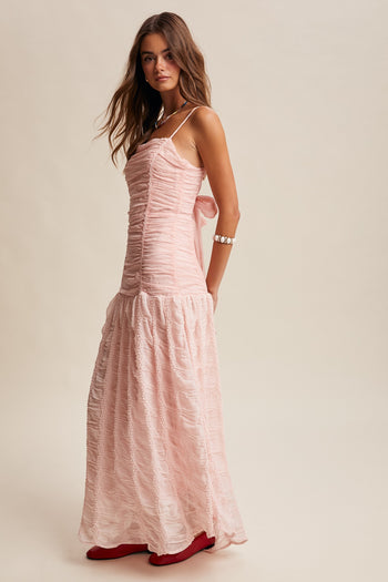 Listicle Elegant Ruched Bow-Back Body Con Maxi Dress in Baby Rose
