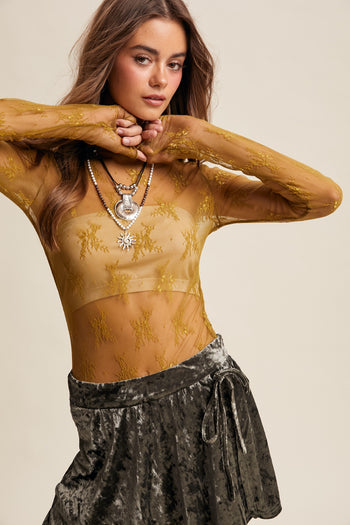 Listicle Sheer Lace Long Sleeve Top in Lemon Grass