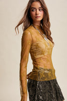 Listicle Sheer Lace Long Sleeve Top in Lemon Grass