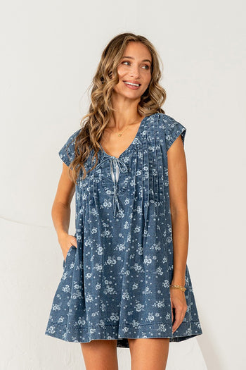 Sew in Love Denim Floral Mini Dress in Denim Blue