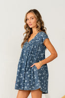 Sew in Love Denim Floral Mini Dress in Denim Blue