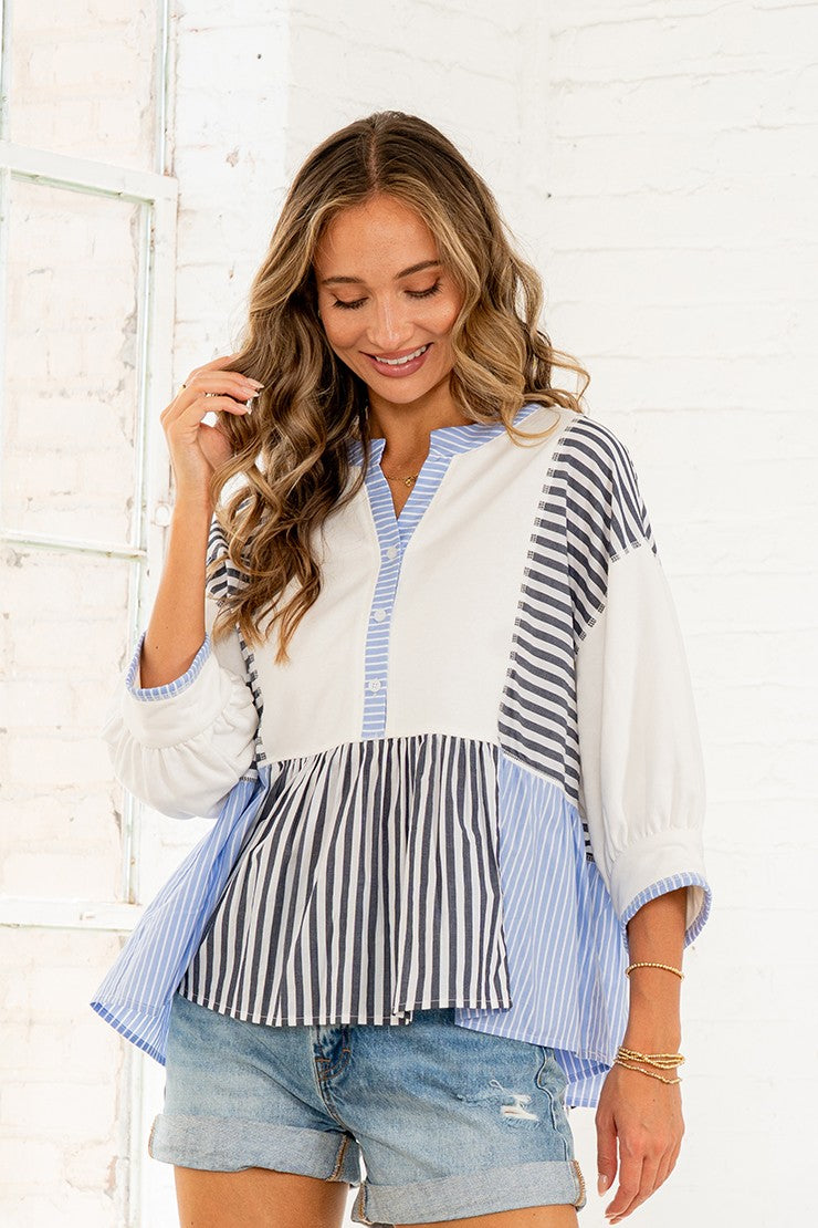 Sew in Love Solid and Mixed Striped Peplum Top in Off White/Blue