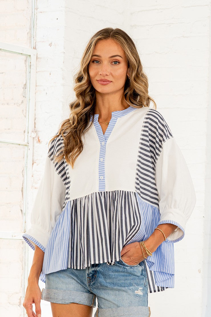 Sew in Love Solid and Mixed Striped Peplum Top in Off White/Blue