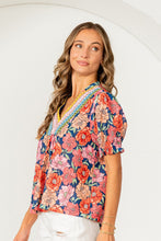 Load image into Gallery viewer, Sew in Love Floral Print Top with Embroidered Neck in Navy/Peach
