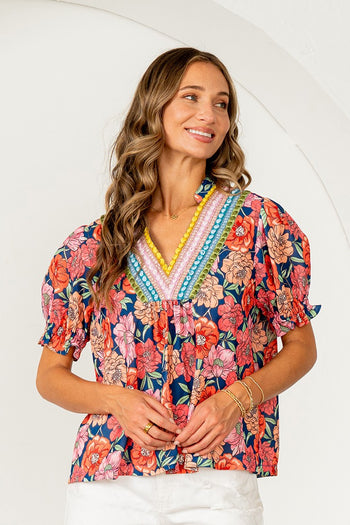 Sew in Love Floral Print Top with Embroidered Neck in Navy/Peach
