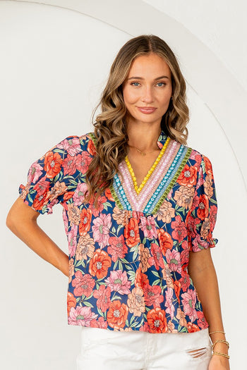 Sew in Love Floral Print Top with Embroidered Neck in Navy/Peach