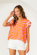 Load image into Gallery viewer, Sew in Love Animal Print Top with Ruffled Layered Sleeves in Orange/Pink
