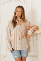 Sew in Love Button-Down Floral and Stripe Printed Top in Burnt Orange