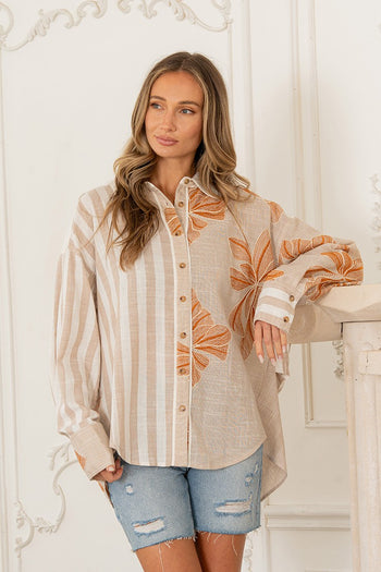 Sew in Love Button-Down Floral and Stripe Printed Top in Burnt Orange