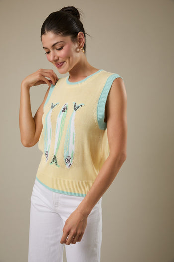 Sunday Edition Knit Fish Sweater Vest in Butter