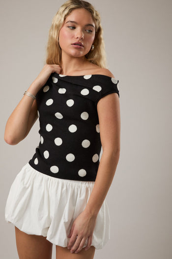 Le Lis Knit Polka Dot Sweater with Asymmetrical Neckline in Black-White Dot